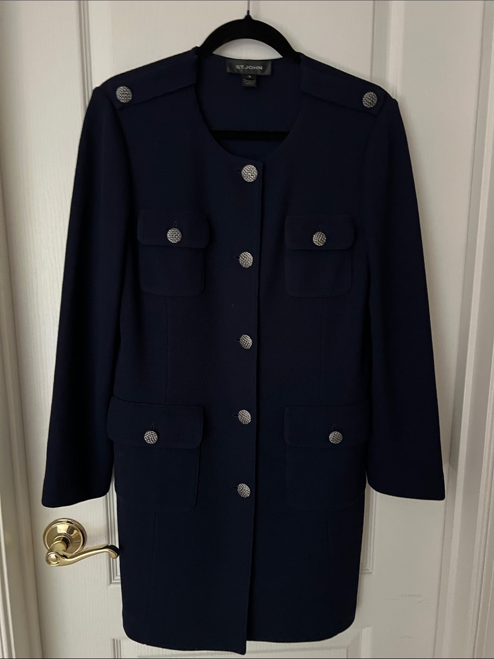 St. John Navy Military-Style Buttoned Trench Coat - Picture 8 of 9